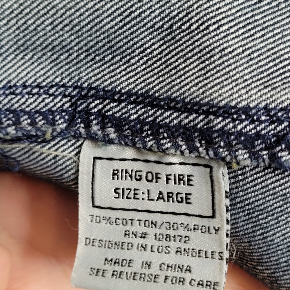 RING OF FIRE PATCHED DISTRESSED DENIM BLUE JEAN VEST SIZE L MULTIPLE POCKETS - Picture 9 of 10